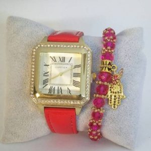 Montre Classique Rouge avec Bracelet Khmissa Montre + Bracelet boite Cadeau