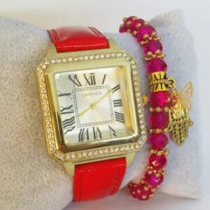Montre Classique Rouge avec Bracelet Khmissa Montre + Bracelet boite Cadeau