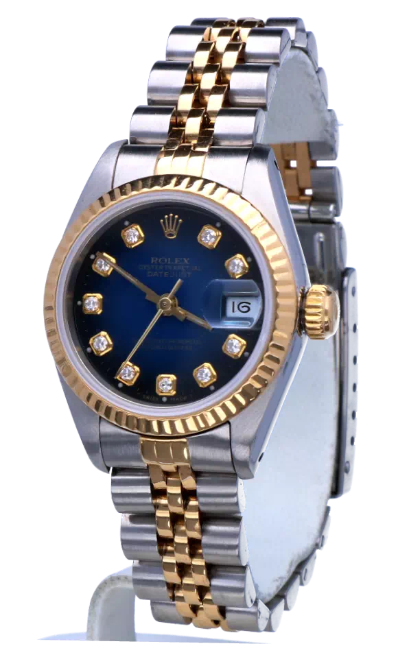69173 Rolex Oyster Datejust Jubilee Gold Steel Blue Vignette Diamond Dial 26 mm 2 - Reproduction Montre Rolex Luxe Fond Bleu