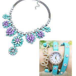 Montre Cuir Turquoise Love + collier