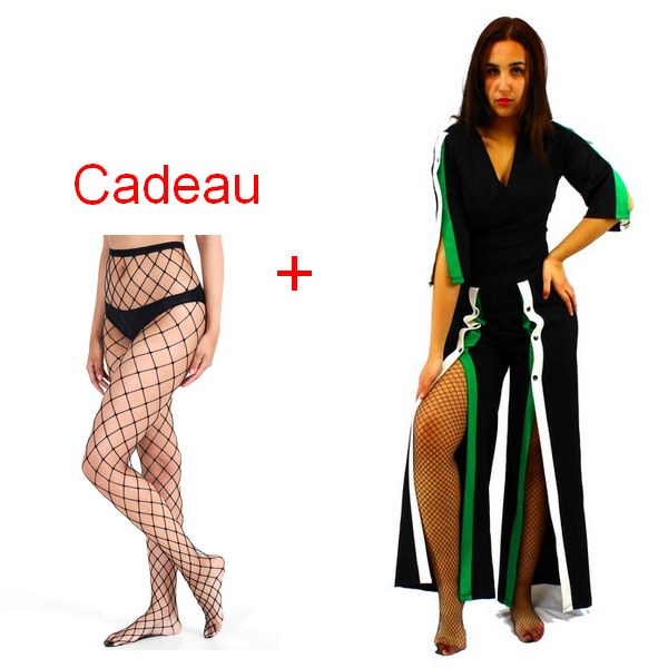 Ensemble Décontracté Bandes Vert Blanc + Bas Sexy Fishnet Résille
