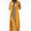 Ensemble 2 Pièces Longue Robe Tricot Rayé Gris Jaune avec Gilet - تريكو تركي أنصومبل 2 بياس Maroc ventement femme hijabe