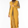 Ensemble 2 Pièces Longue Robe Tricot Rayé Gris Jaune avec Gilet - تريكو تركي أنصومبل 2 بياس Maroc ventement femme hijabe solde
