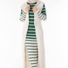 Ensemble 2 Pièces Longue Robe Tricot Rayé Vert Blanc avec Gilet - تريكو تركي أنصومبل 2 بياس vente en ligne maroc vetement hijab