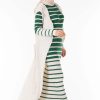 Ensemble 2 Pièces Longue Robe Tricot Rayé Vert Blanc avec Gilet - تريكو تركي أنصومبل 2 بياس vente en ligne maroc vetement hijab