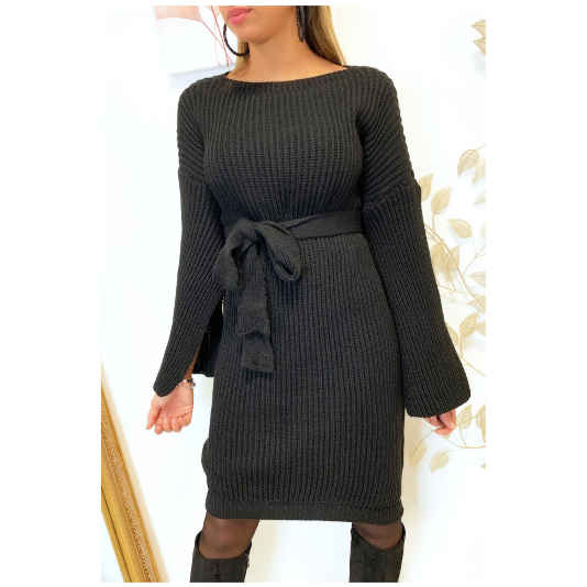 Robe Pull Avec Ceinture et Ouvert au Manches - Noir- E ...