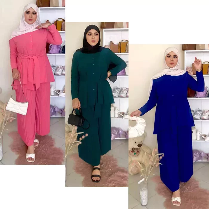 Ensemble Chemise avec ceinture et pantalon Large plisse انصمبل قميجة بالحزام والصداف سرو