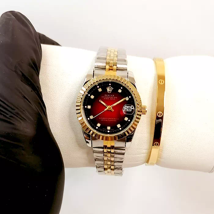 Montre Rolex Date juste Doré intérieur Rouge avec Bracelet Cartier