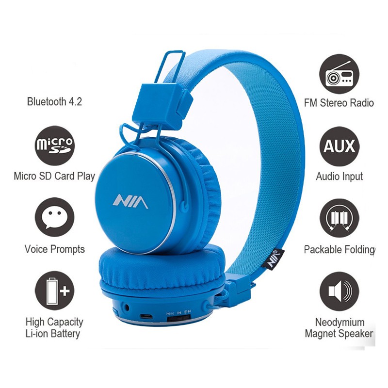 Nia Casque Q8 Original Bluetooth Android IOS Avec Lecteur Micro SD FM Radio Micro intégré - couleur Bleu سماعة بلوتوث