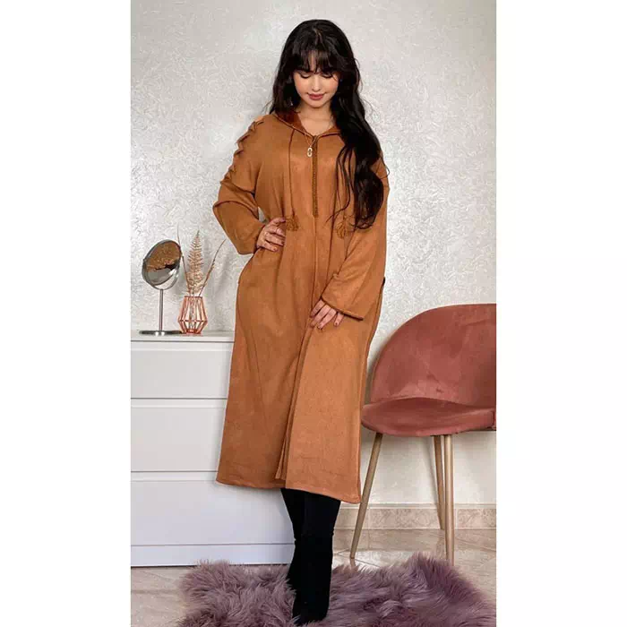 jellaba femme chaude hiver marocaine mekhzania chic taille standard marron ambre casablanca rabat tanger khouribga marrakech prix maroc