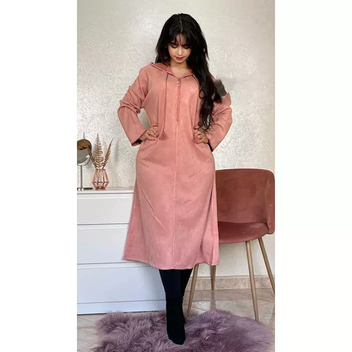 jellaba femme chaude hiver marocaine mekhzania chic taille standard rose casablanca rabat tanger khouribga