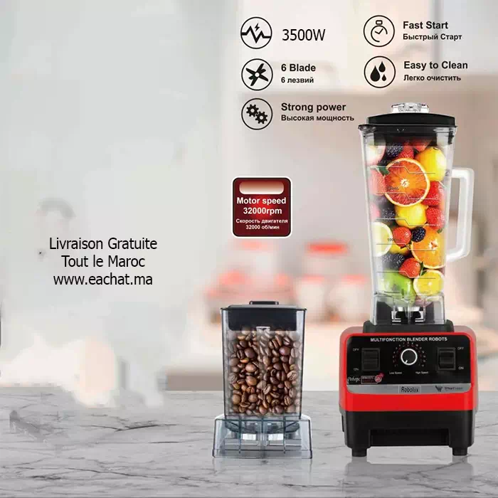 Robolux Blender maroc prix Robot Mixeur Puissant 3500W 15 Vitesses 2 Bols Incassable Presse agrumes Cafe cereales Rouge solde promo electroplanet bim
